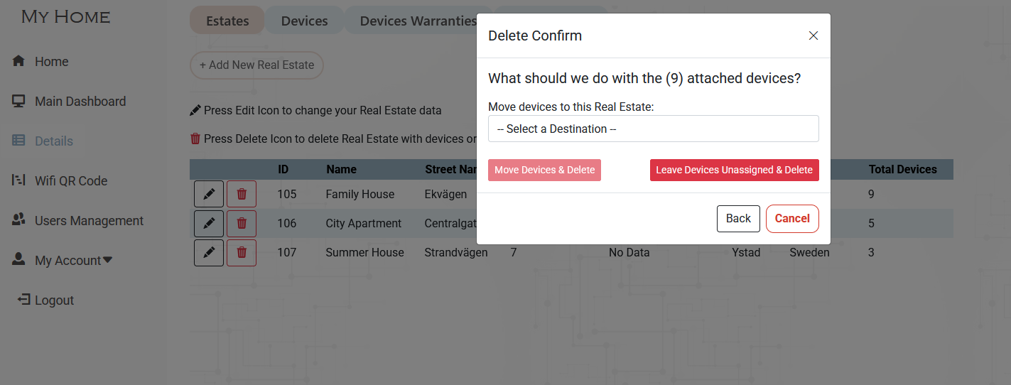 Keep or Reassign Devices When Deleting Real Estate