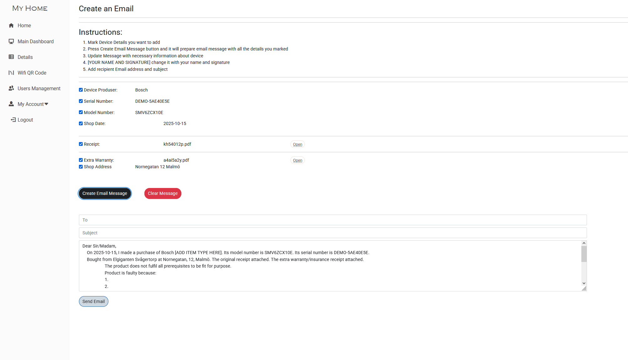 Generated Device Email