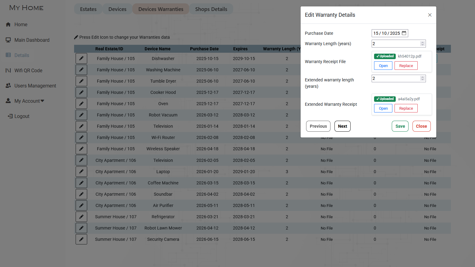 Edit Device Warranty Details